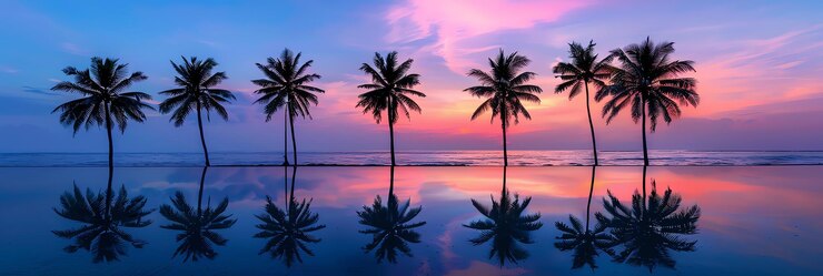 Palmen vor einem Sonnenuntergang mit einer Reflexion des Sonnenuntergangs im Wasser