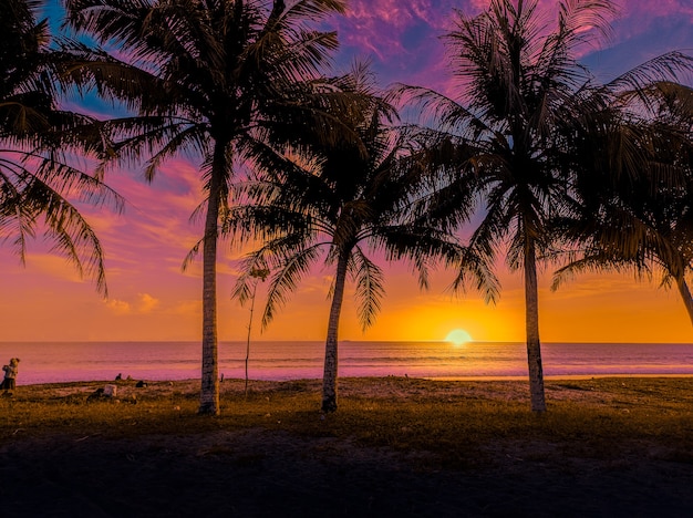 Palmenschattenbild im Sonnenuntergangstrand