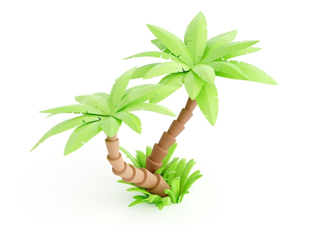 Palmera 3d render planta tropical con hojas verdes y hierba para vacaciones en la playa y viajes de verano