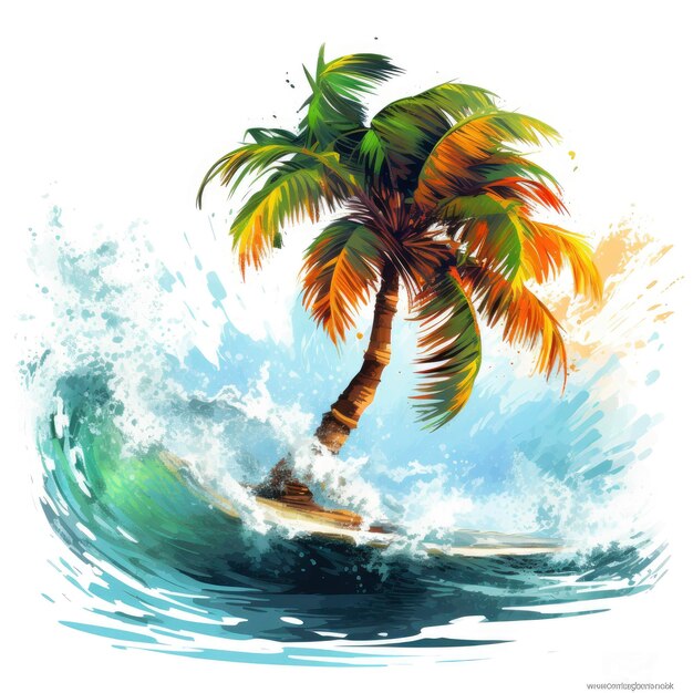 Palmera de acuarela en la ilustración de la playa para carteles de anuncios de redes sociales y diseño de portadas de libros