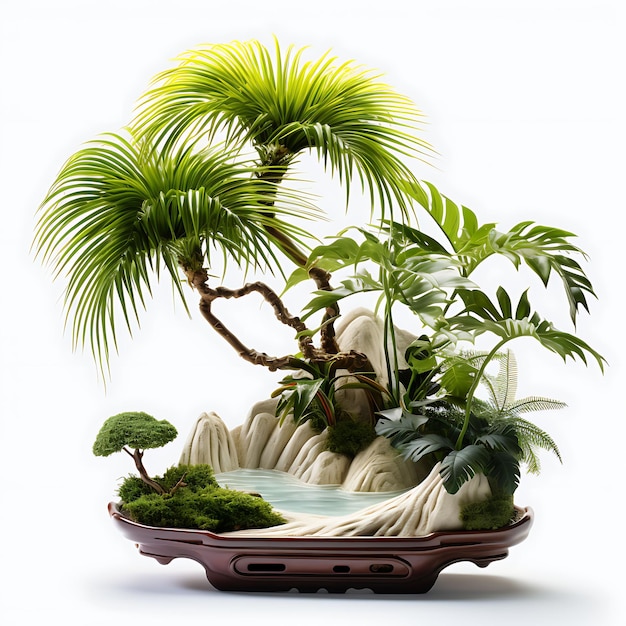 Palmera aislada Bonsai Árbol Olla de cerámica Hojas en forma de abanico Playa tropical en blanco BG Japón Arte chino