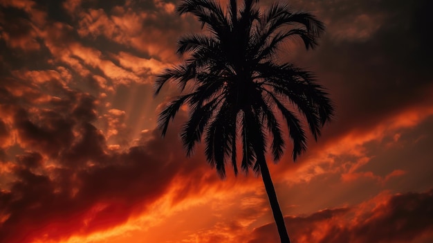 Una palmera al atardecer con el sol brillando a través de las nubes