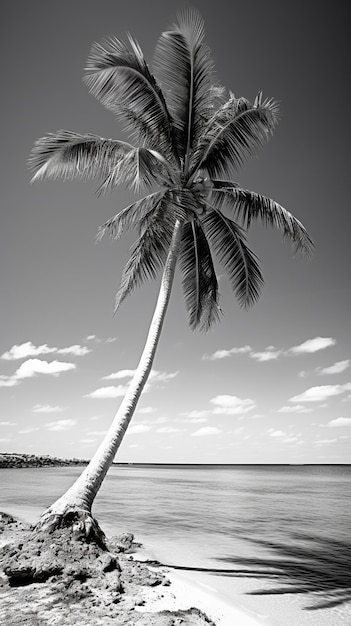 palmera arafed inclinada sobre una roca en una playa ai generativo