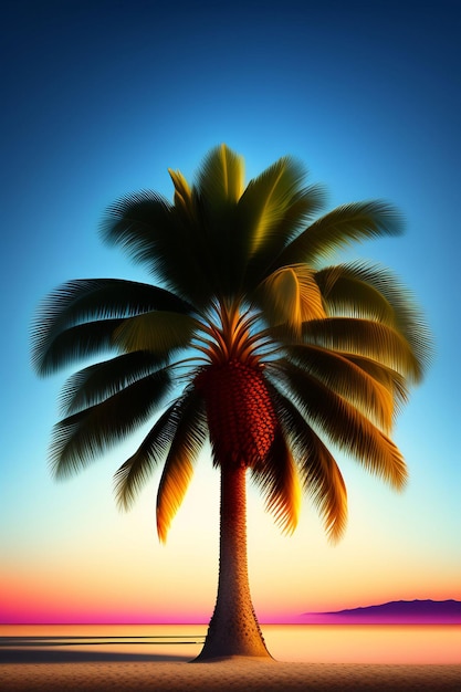 Una palmera con un atardecer de fondo