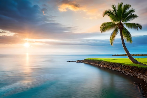 Una palmera en el campo de golf al atardecer.