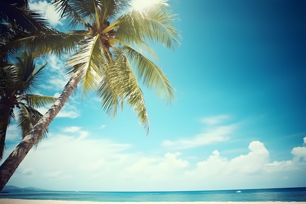 Palmera de coco en la playa con mar y cielo