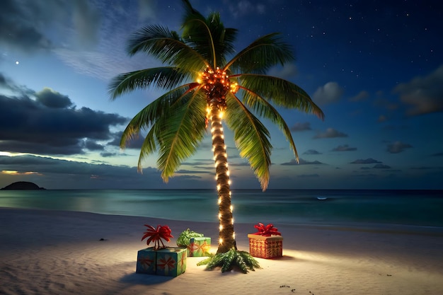 Palmera en decoración navideña con regalos en una playa exótica por la noche