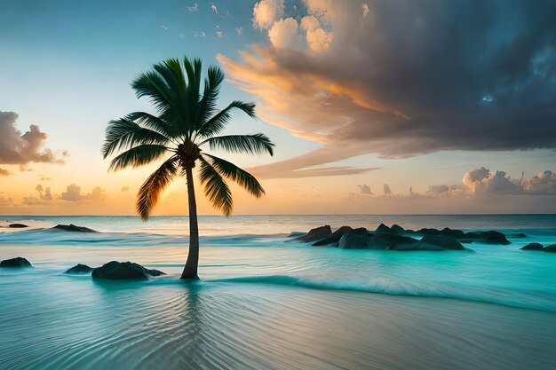 Una palmera se encuentra en el agua al atardecer.