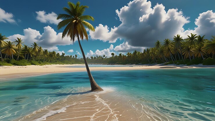 una palmera está en el agua y el sol está brillando en la arena