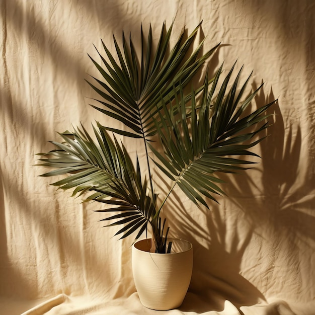 Una palmera está en una olla blanca en una mesa.