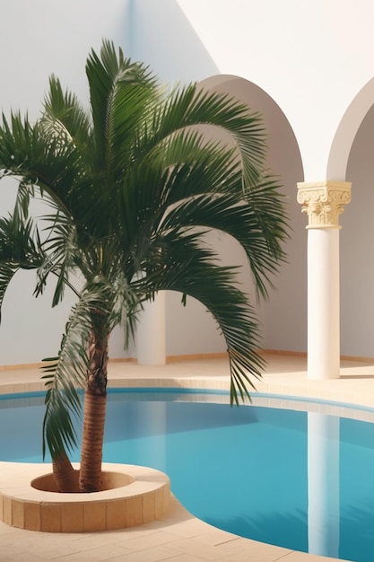 Una palmera está en una piscina con columnas y una columna.