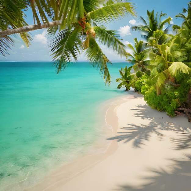 una palmera está en una playa con agua azul y una palmera en primer plano