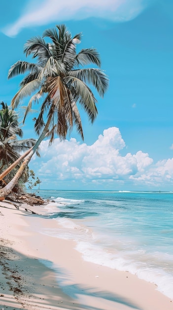 una palmera está en la playa en el fondo