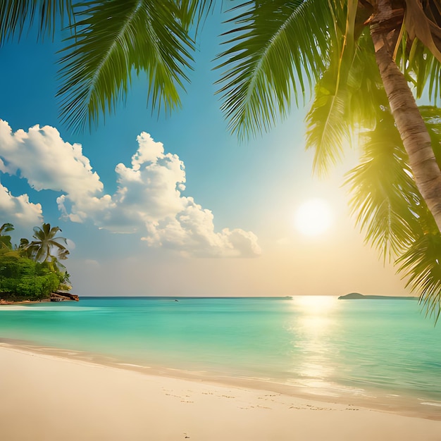 una palmera está en la playa frente a una puesta de sol