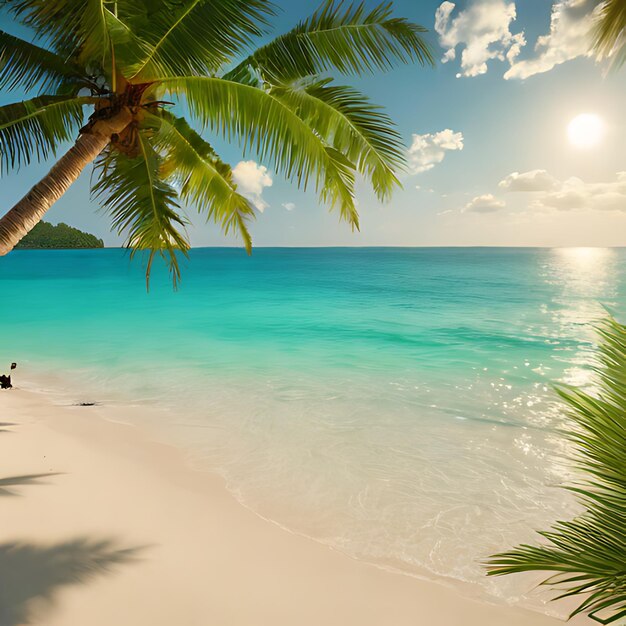 una palmera está en la playa y el sol está brillando en el agua