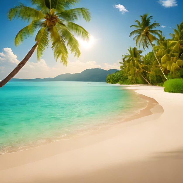 una palmera está en la playa y el sol está brillando a través de los árboles