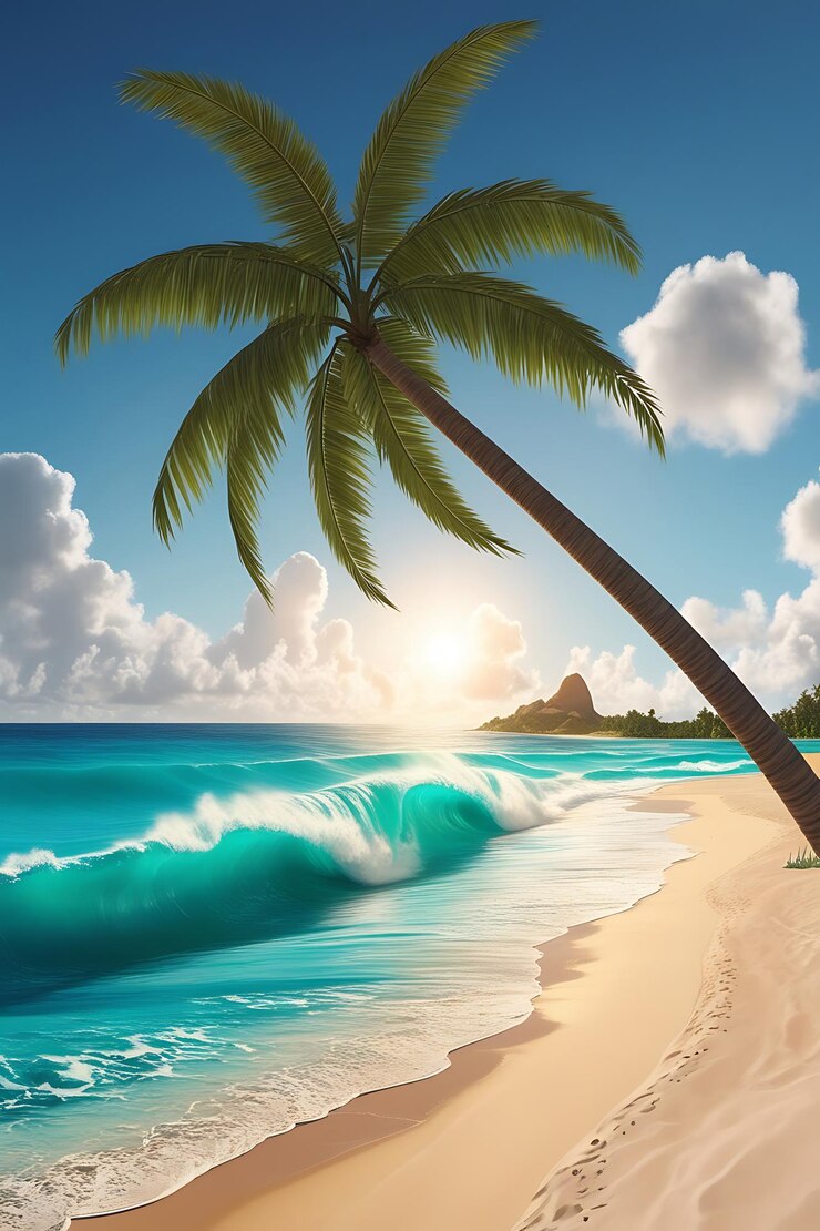 una palmera está en la playa y el sol está brillando a través de las nubes