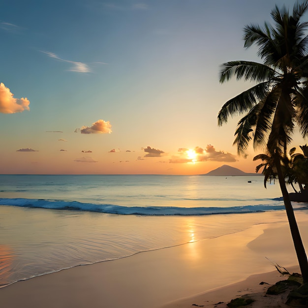 una palmera está en la playa y el sol se está poniendo