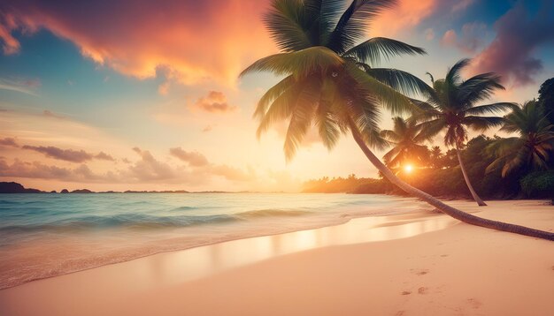 una palmera está en la playa y el sol se está poniendo