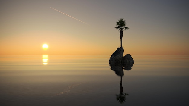 palmera en una isla en medio del océano, ilustración 3D, presentación cg