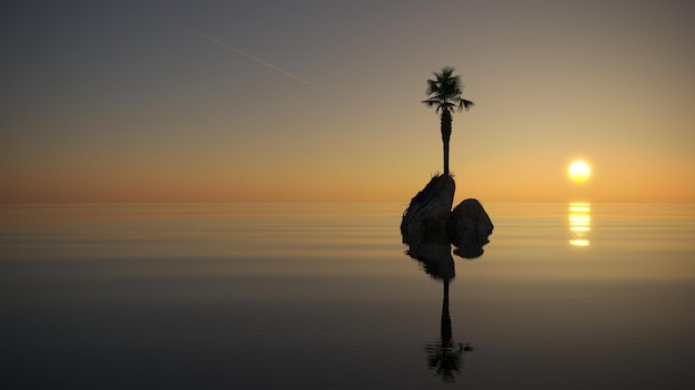 palmera en una isla en medio del océano, ilustración 3D, presentación cg