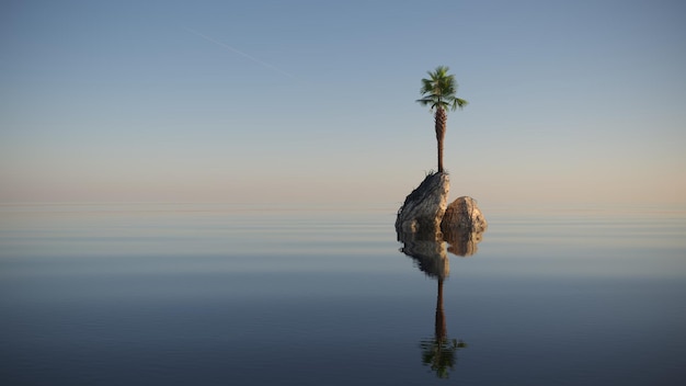 palmera en una isla en medio del océano, ilustración 3D, presentación cg