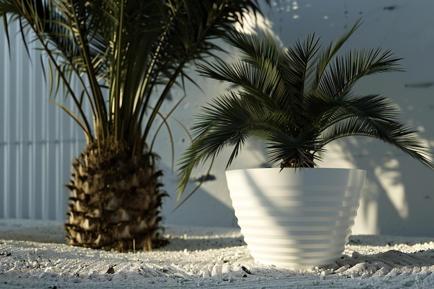 Foto palmera en una maceta blanca sobre un fondo de nieve