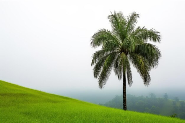 una palmera de pie en un campo verde con una palmera en el fondo