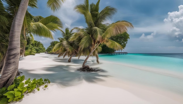 Foto una palmera está en la playa y el agua es azul