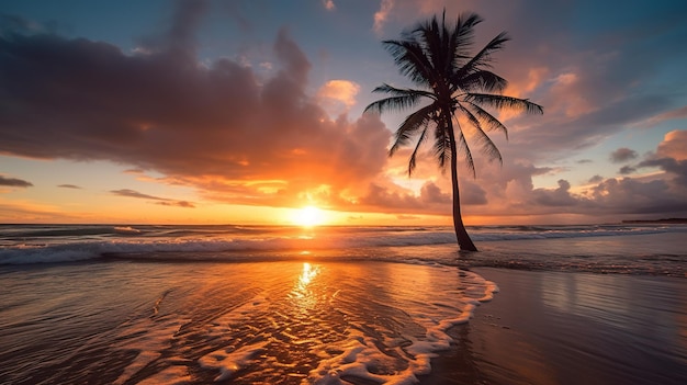 Una palmera en una playa al atardecer.