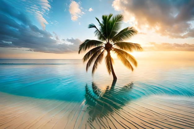 Una palmera en la playa al atardecer