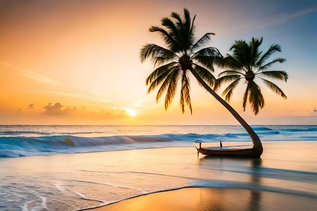 Una palmera en la playa al atardecer