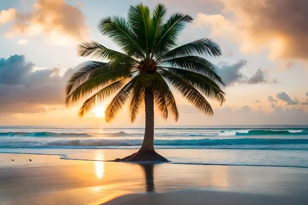 Palmera en la playa al atardecer