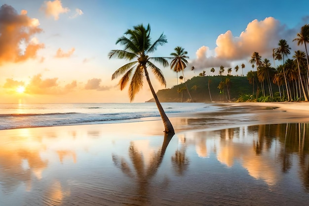 Una palmera en una playa al atardecer.