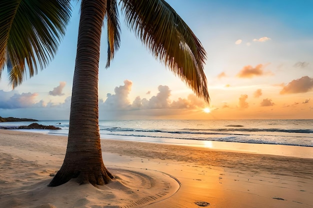 Una palmera en una playa al atardecer.