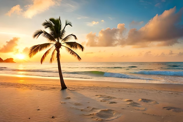 Una palmera en una playa al atardecer.