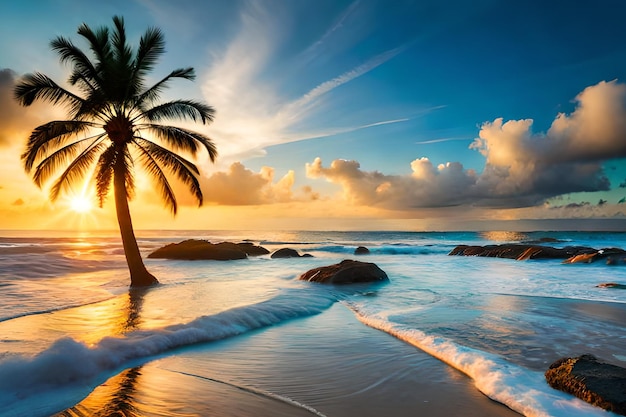 Una palmera en la playa al atardecer