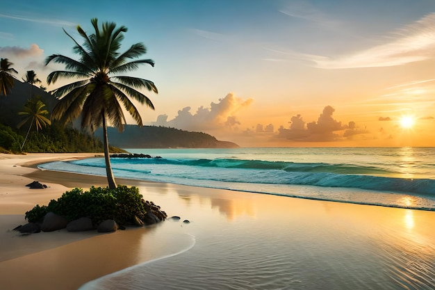 Una palmera en una playa al atardecer.