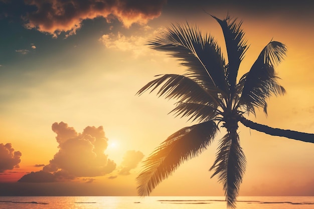 Una palmera en una playa con un atardecer de fondo