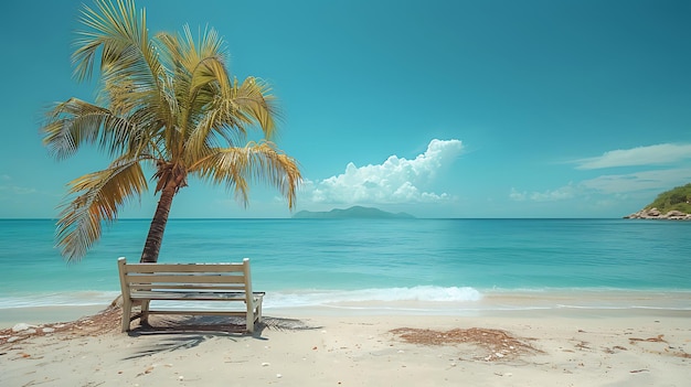 Palmera en una playa con un banco