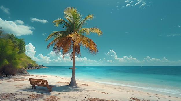 Palmera en una playa con un banco