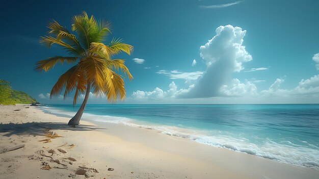 Palmera en una playa con un banco