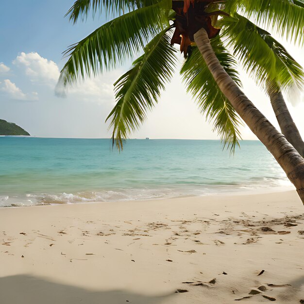 una palmera en una playa con un barco en el fondo