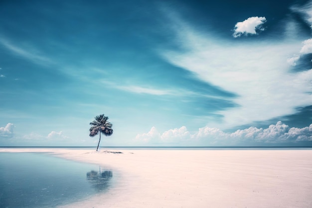 Una palmera en una playa blanca vacía Paisaje marino tropical idílico Playa paradisíaca IA generativa