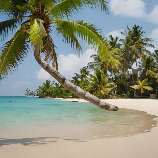 una palmera en una playa con una cabaña de playa en el fondo