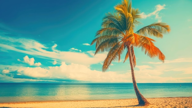 Una palmera en una playa con un cielo azul de fondo