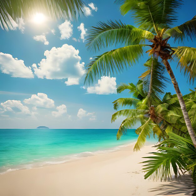 Foto una palmera en una playa con un cielo azul y nubes en el fondo