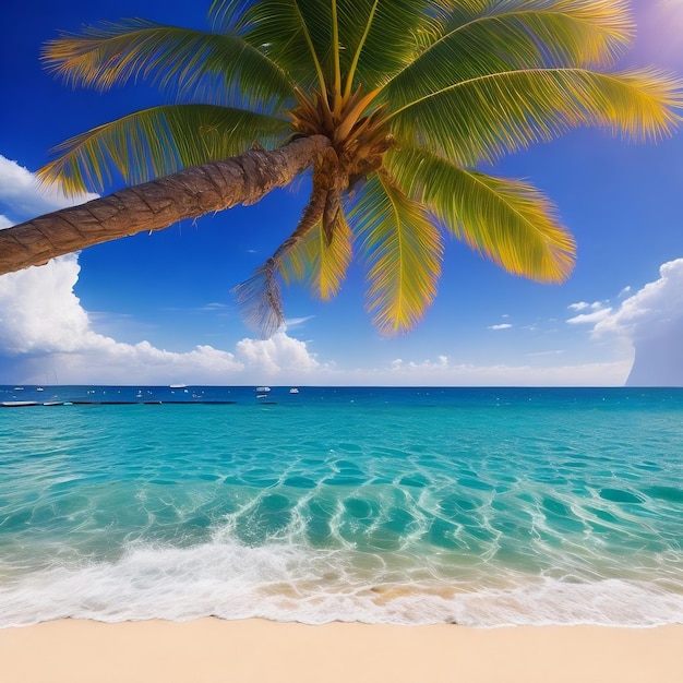 Una palmera en una playa con cielo azul y nubes.