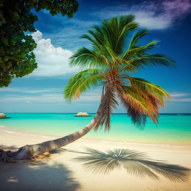 Una palmera en una playa con cielo azul y nubes.