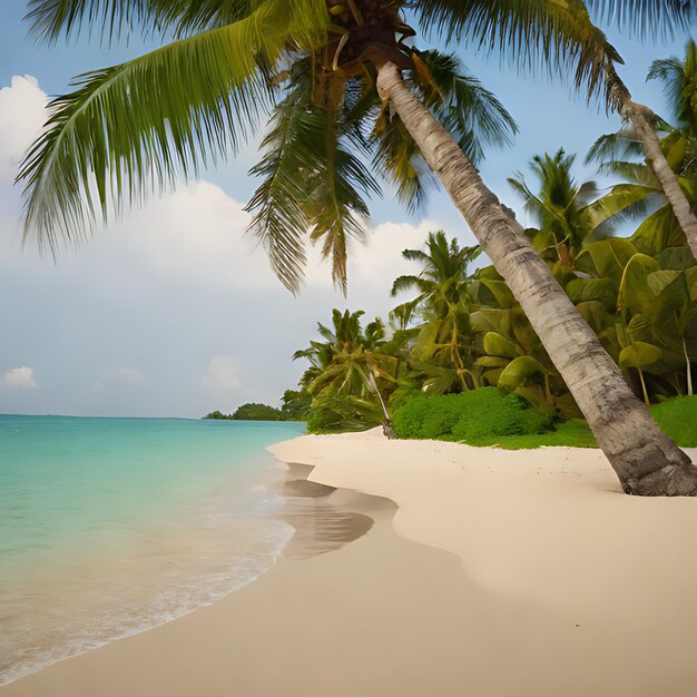 una palmera en una playa con un cielo azul y el océano en el fondo